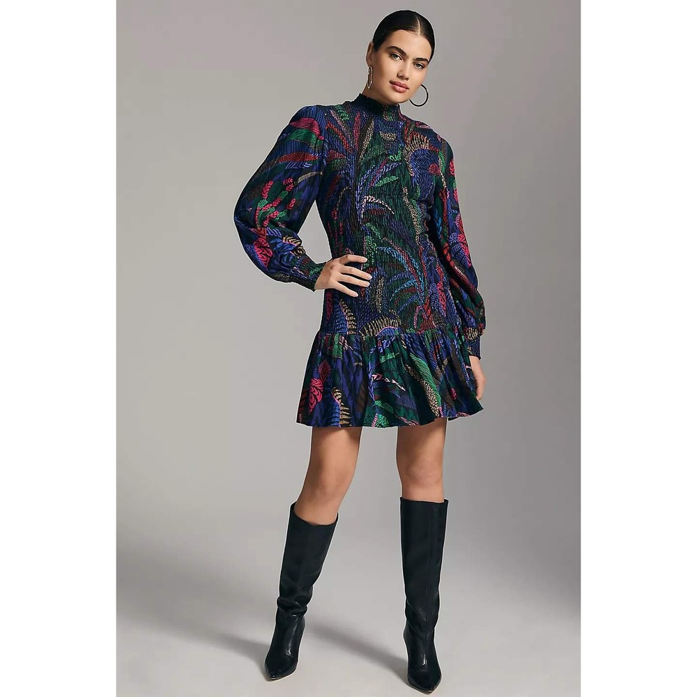 FARM Rio Amazonia Nights Smocked Long Sleeve Mini Dress Boho holiday NWT M